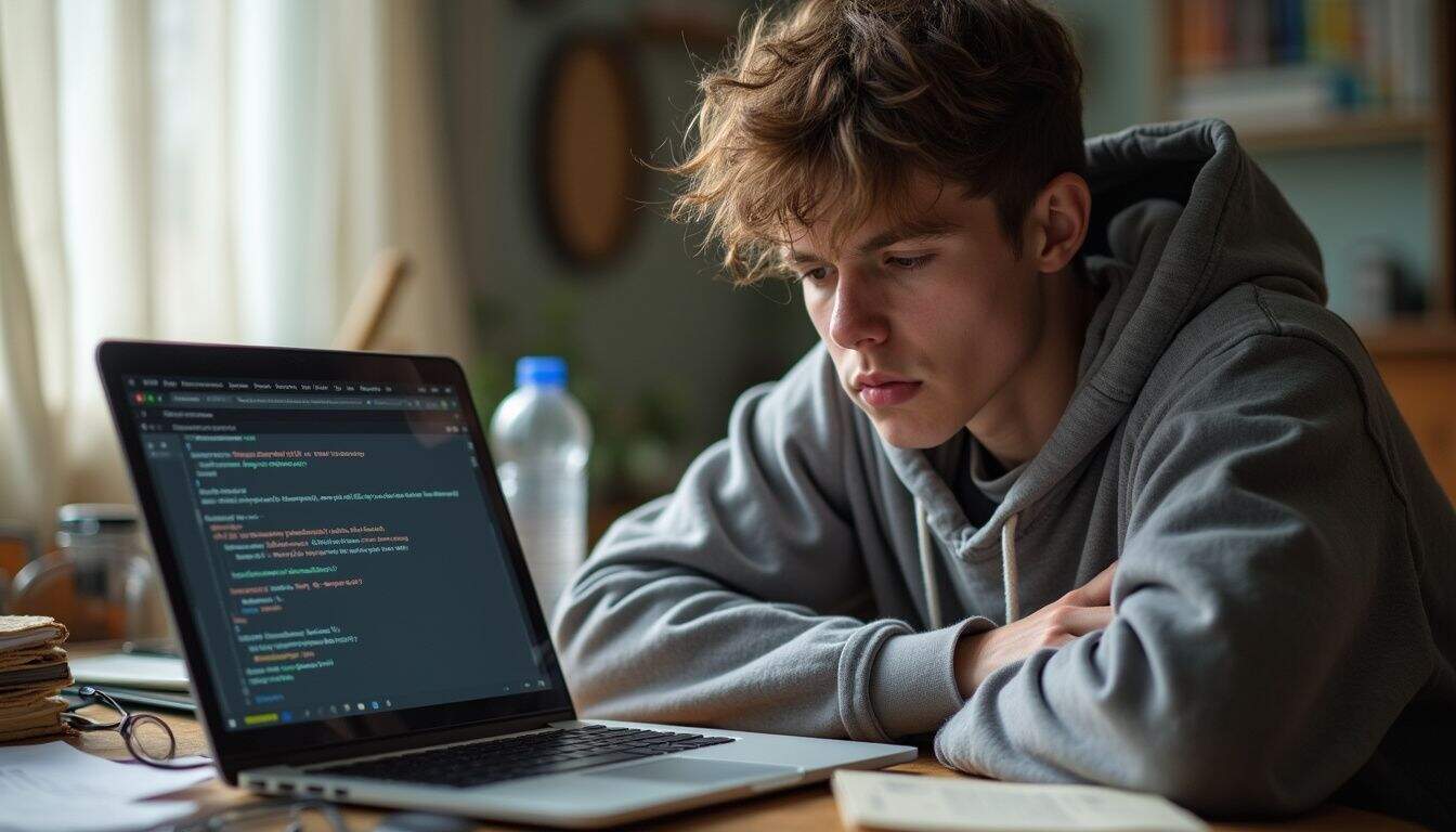 A tired college student struggles with tech issues at a messy desk during an online class. Coding student focused on laptop programming on a wooden desk, surrounded by study materials, with a serious expression, highlighting tech education and programming skills.