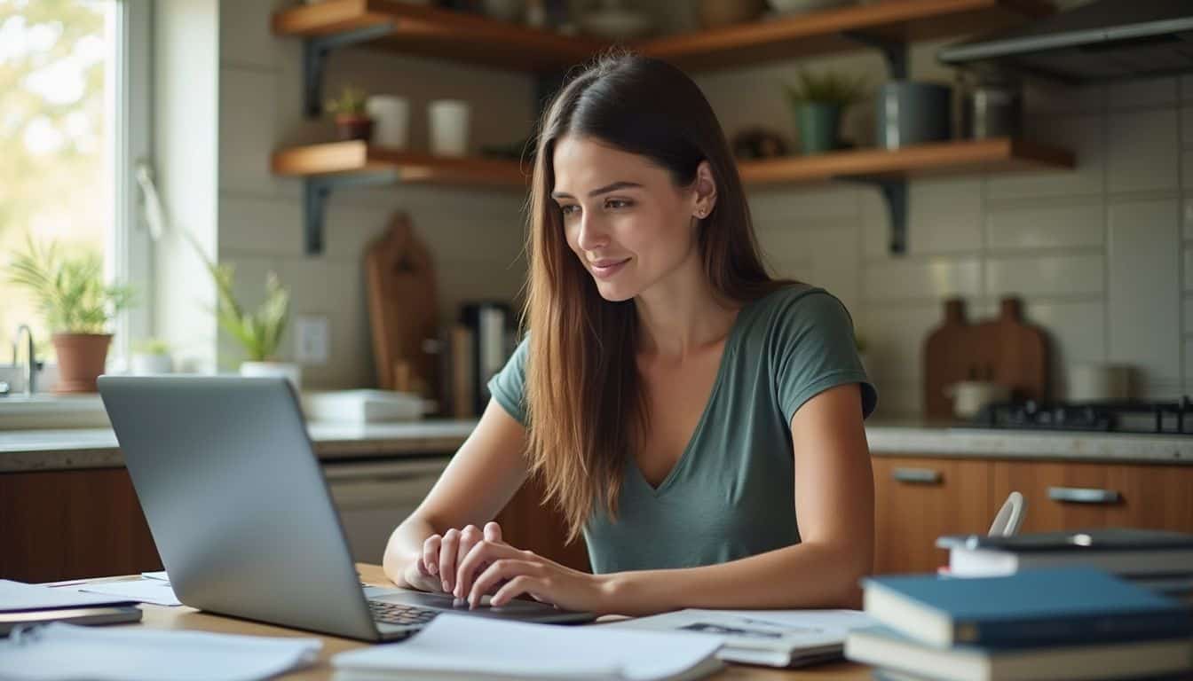 A woman sits at a cluttered kitchen table, working on budgeting for her online classes with scattered textbooks and notes. - Young woman working on a laptop at home kitchen desk, studying or working remotely, freelance professional, casual home office setup, natural light, cozy atmosphere, modern lifestyle, digital nomad, productivity, freelance work.