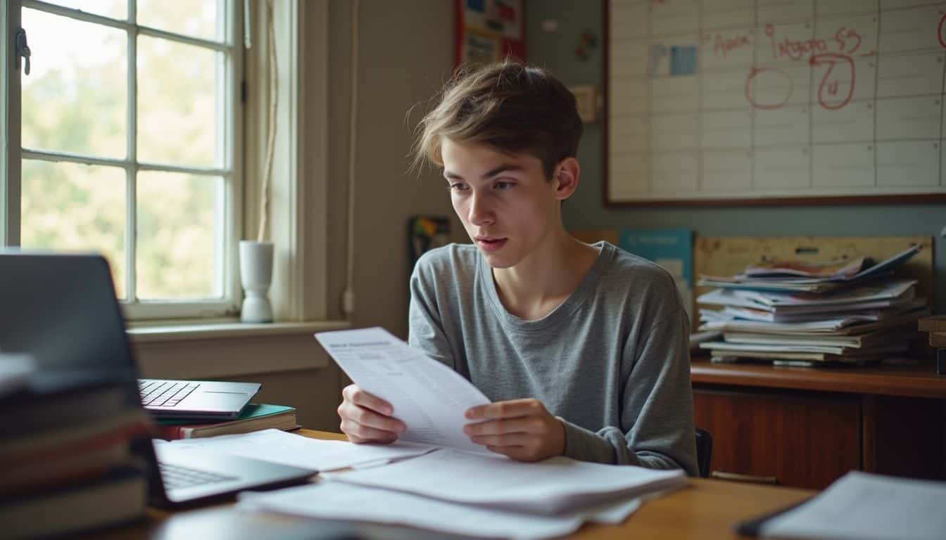 A college student reviews a bank statement at a cluttered dorm desk, reflecting a typical moment of financial struggle. Teenage boy studying with papers and laptop in a well-lit home office or study room, surrounded by books, organized desk, and a whiteboard with notes, focusing on academic work and learning.