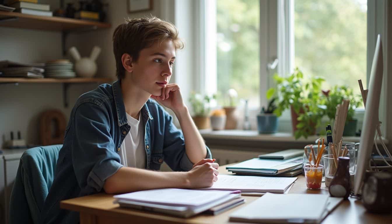 A young adult is studying at a messy desk, focused yet relaxed, with a checklist and pomodoro timer nearby. Calm teenager studying at home, focused on computer work with notebooks and plants in the background, highlighting productive study environment and modern home office setup.