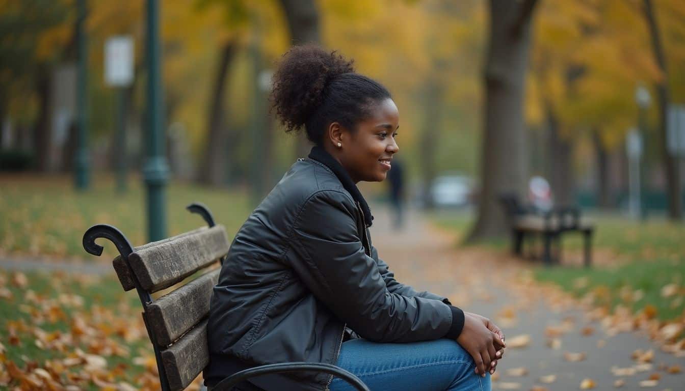 A young woman sits alone on a park bench, looking contemplative amidst a cluttered, natural setting. Serene woman sitting on park bench during fall, autumn scenery with colorful leaves, enjoying a peaceful moment outdoors.