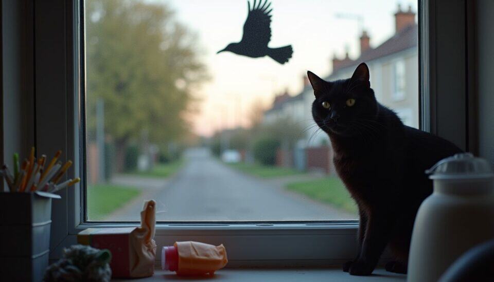 7 Critical Signs of Black Magic Affecting Your Life Right Now 2 Black cat sitting on windowsill with suburban view at dusk.