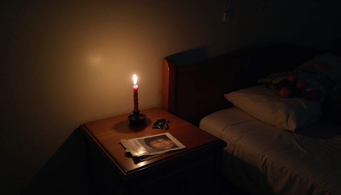 A cozy bedroom with a bedside table holding a casual photo and everyday clutter, reflecting a lived-in atmosphere. A dimly lit bedroom featuring a wooden nightstand with a lit red candle, a magazine, and a set of keys, creating a cozy and intimate atmosphere with minimal lighting.
