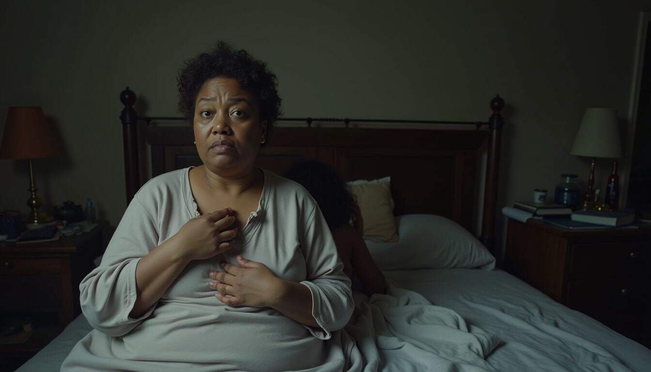 A middle-aged woman wakes up in a cozy, lived-in bedroom, displaying signs of tiredness and discomfort. Worried woman holding her chest in bed during a night of sleep disturbance or anxiety.