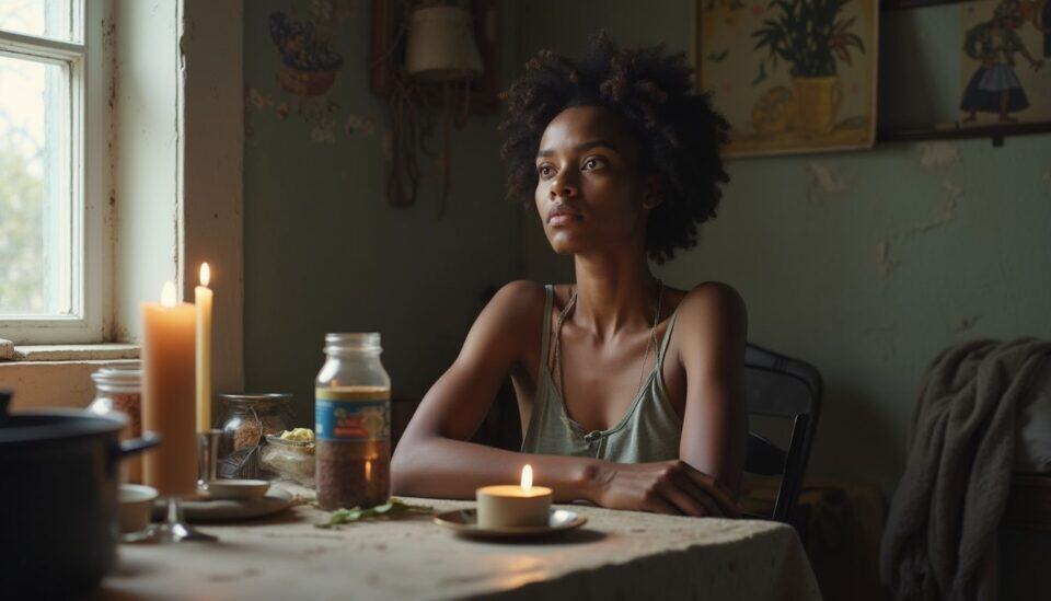 A woman sits alone in a modest, cluttered room, appearing relaxed yet slightly worried amidst everyday items. Woman sitting at a candlelit kitchen table with natural light from a window, reflecting a moment of quiet and contemplation in a cozy, lived-in home.