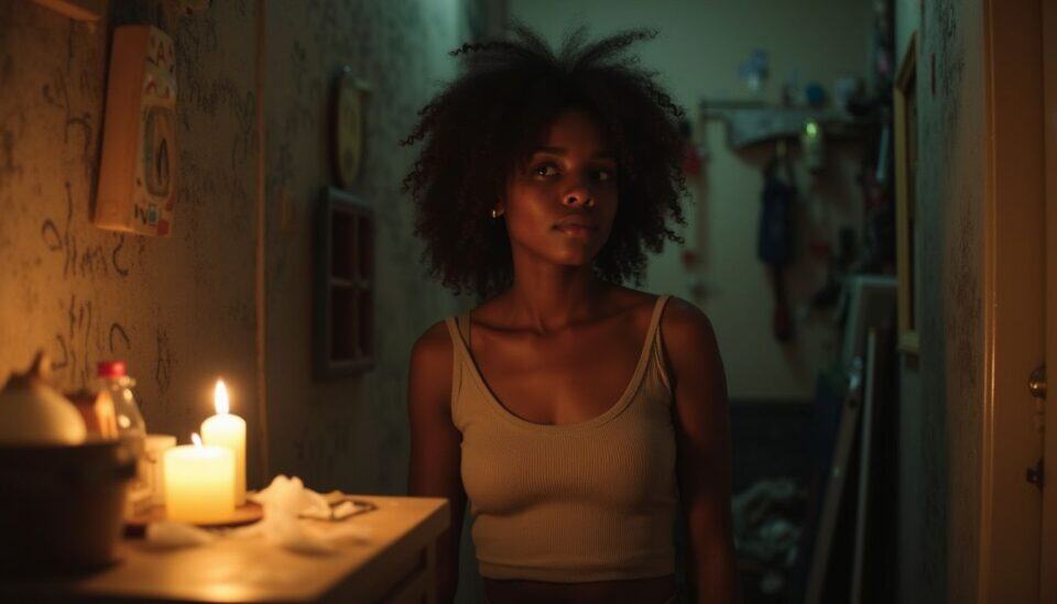 A young woman stands alone in a cluttered room, appearing distracted and unsure in an unposed moment. Mysterious woman standing in dimly lit room with candles, indoor portrait, contemplative mood.