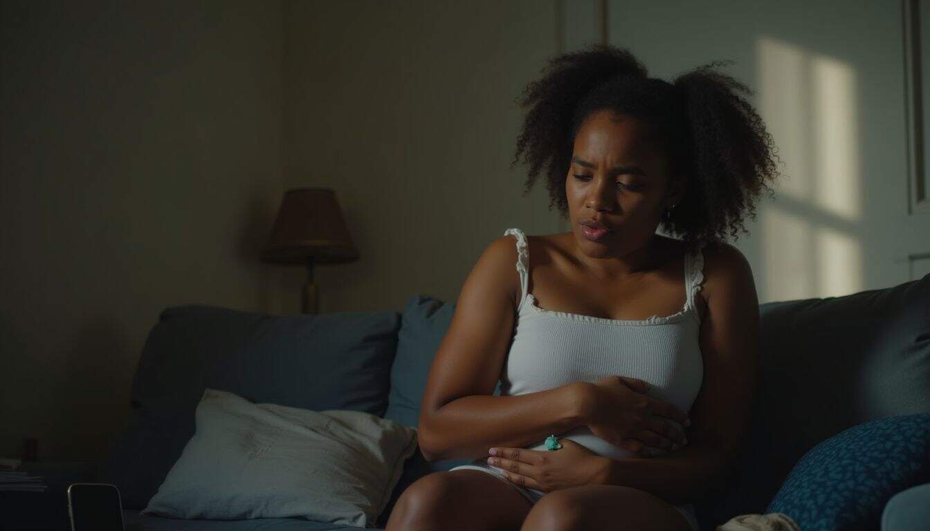 A young woman sits alone, looking uncomfortable and contemplative in a lived-in, casual space. Middle-aged woman experiencing stomach pain or discomfort sitting on sofa at home, showing symptoms of indigestion or illness.