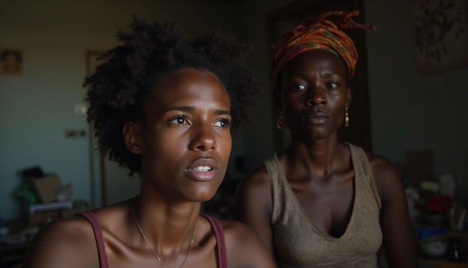 A young woman sits with a traditional healer, both looking calm yet concerned amid a messy room. Natural light illuminating two confident women of African descent indoors, emphasizing cultural expression and vibrant headwear, capturing a moment of connection and strength.