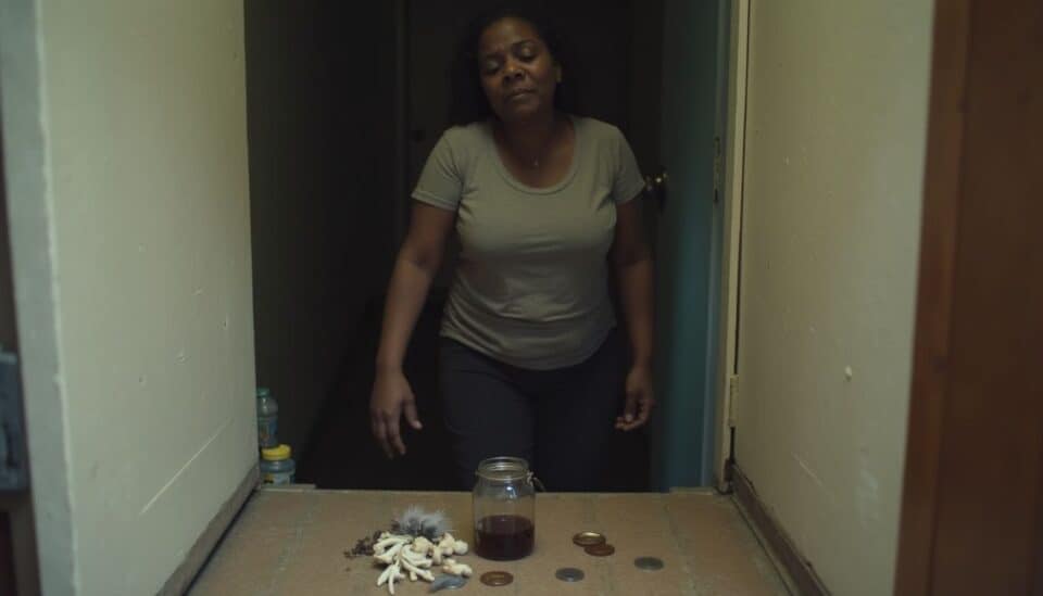 A woman stands in a cluttered room, observing scattered bones, feathers, a jar of dark liquid, and coins. Bottle of wine, coins, and small stuffed animals on a wooden table in front of a woman in a hallway.