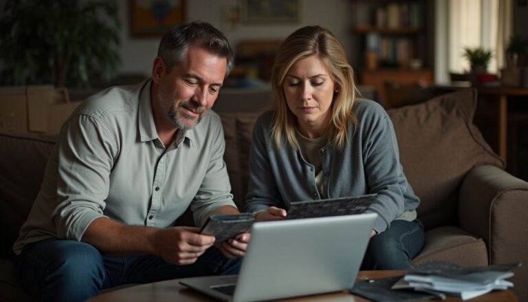 Comfortable couple reviewing travel brochures and laptop for vacation planning in cozy home setting.