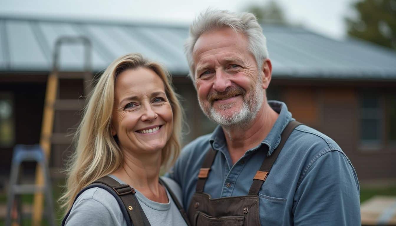 A middle-aged couple poses casually outside, looking relaxed after completing work on their new metal roof. A smiling middle-aged couple enjoying outdoor time, standing in front of their home, showcasing happiness and contentment.