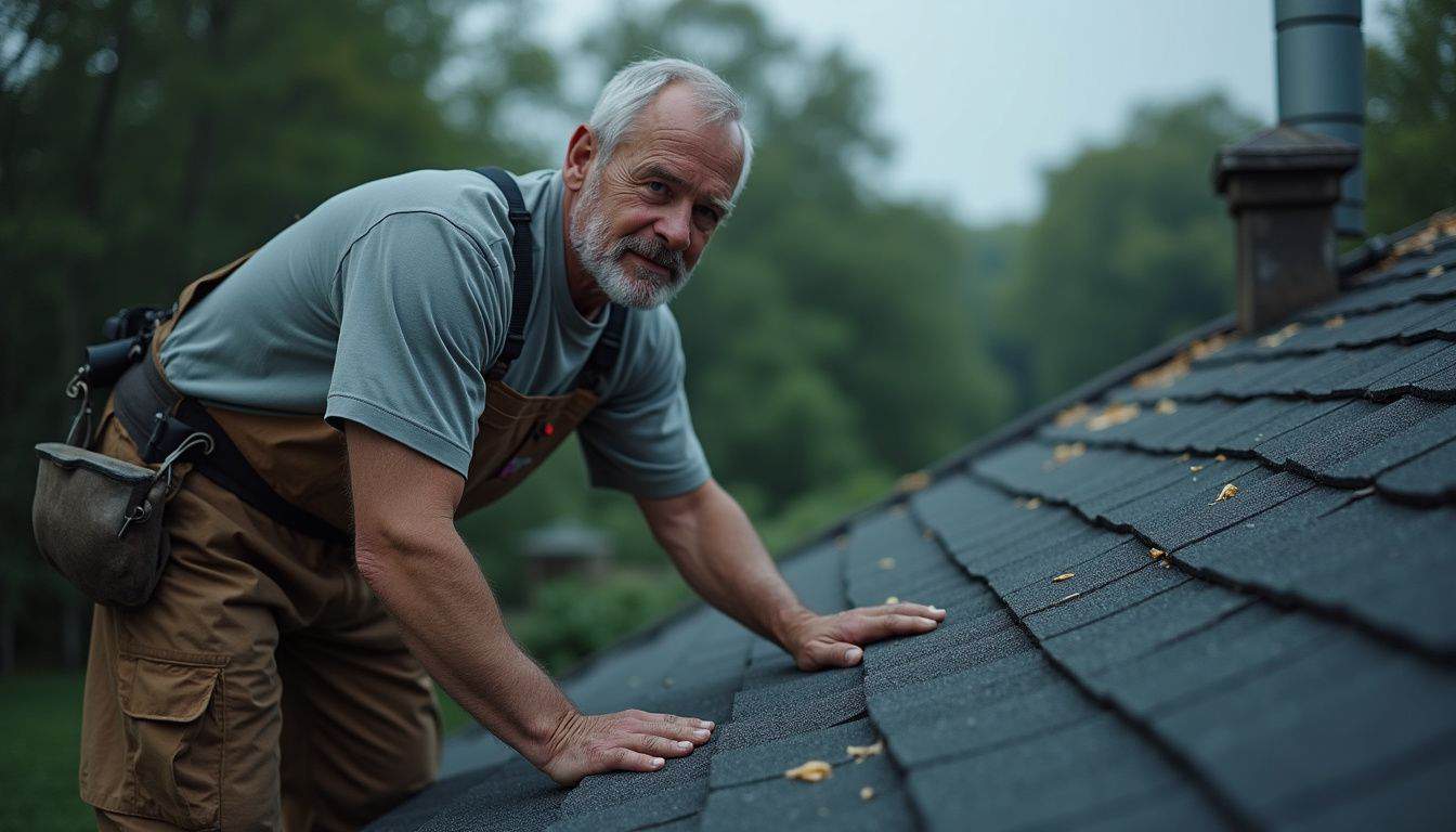 A middle-aged man in work overalls installs asphalt shingles on a house roof, appearing focused and engaged in his task. Renewal roofing inspection, elderly man repairing roof shingles, home maintenance, roofing repair, roofing contractor, professional roofing service, home repair expert, senior homeowner, roof checkup, home improvement, roofing solutions, roof maintenance, shingles replacement, weatherproof roofing, roofing safety, roofing tips, house repair, exterior home care, roofing in progress, experienced roofer, house exterior repair, roof replacement process, roofing health check, skilled roofing professional.