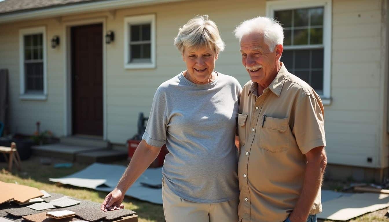 A middle-aged couple discusses roofing material samples outside their home amid a slightly cluttered yard. Enjoying a sunny day outside with senior couple examining sample materials for a home renovation or exterior project, showcasing outdoor home improvement and DIY tips.