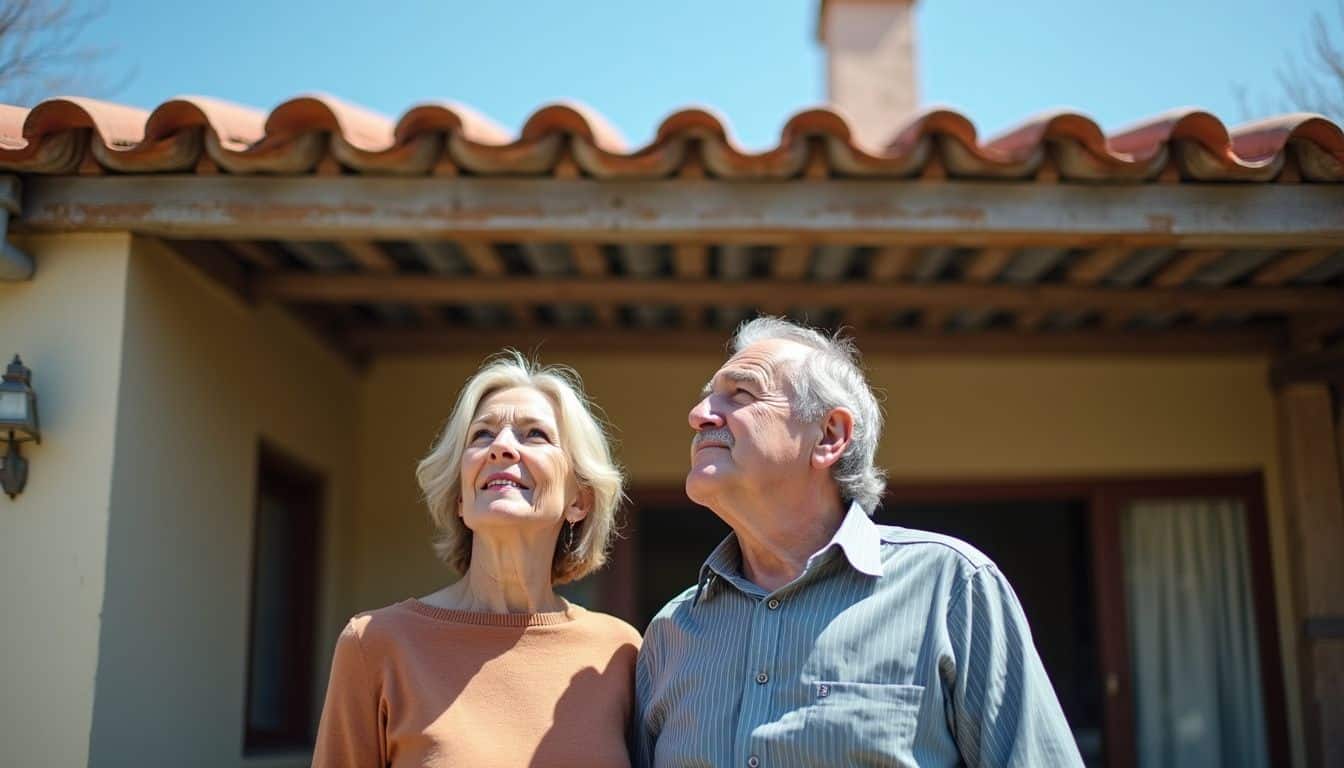 A middle-aged couple stands together outside their home, casually looking up at their weathered roof. Bright elderly couple admiring the sky outdoors at home during sunny day.