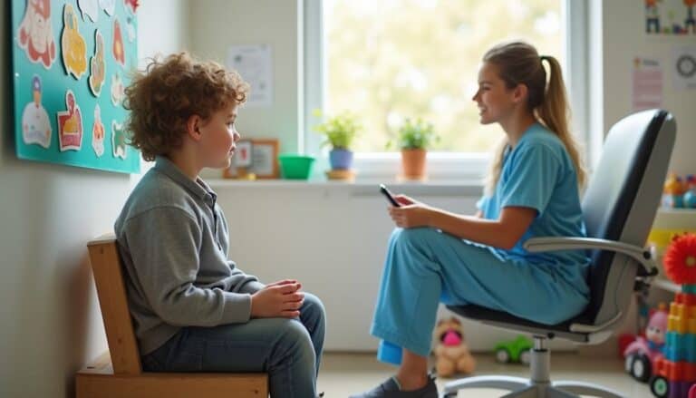 Child doctor consultation with a young boy in a pediatric clinic setting, emphasizing children’s healthcare, medical check-ups, and pediatric services.