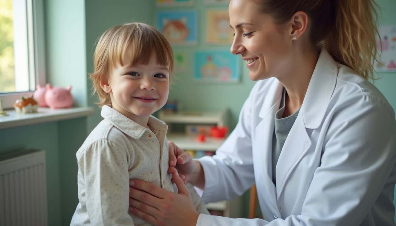 A pediatrician in a white coat listens to a toddler's heartbeat in a cozy, toy-filled clinic room. Pediatrician smiling at young girl during check-up in a colorful clinic setting.