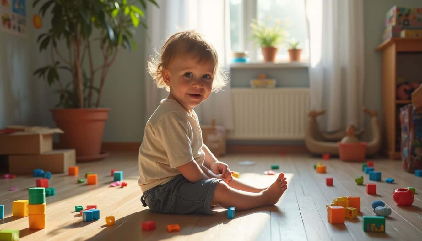 A 5-year-old child sits on the floor, happily engaged in play amidst a colorful array of scattered toys. Child playing with colorful toy building blocks in a cozy, well-lit playroom with houseplants and toys in the background.