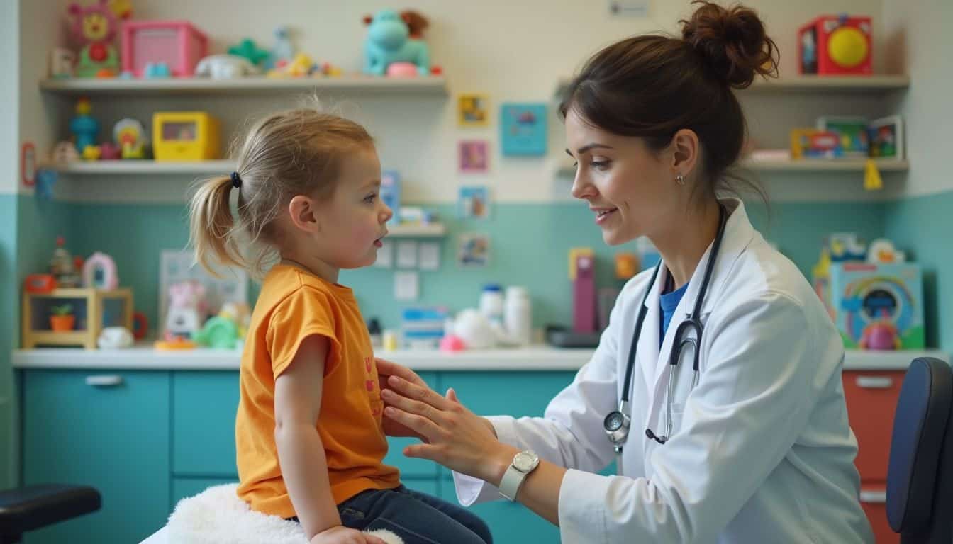 A pediatrician interacts casually with a restless child in a colorful, slightly cluttered exam room during a check-up. Pediatric doctor examining a young girl in a well-equipped medical clinic, focusing on child healthcare and doctor-patient interaction.