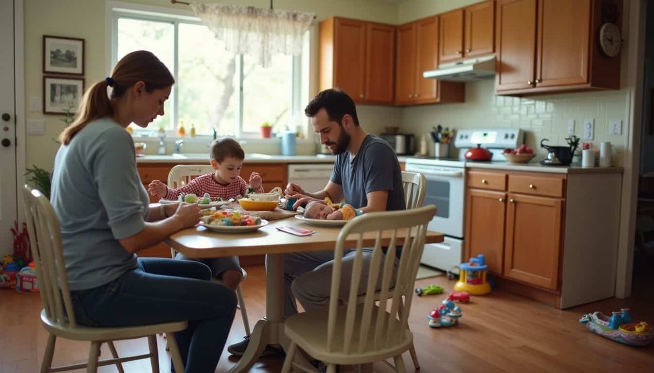 A casual family meal scene shows a newborn, toddler, and teenager in a lived-in, slightly messy kitchen. Family enjoying breakfast together in a cozy kitchen, with toys scattered on the wooden floor. Happy moments of family bonding, parenthood, and home life showcased in a warm, inviting space.