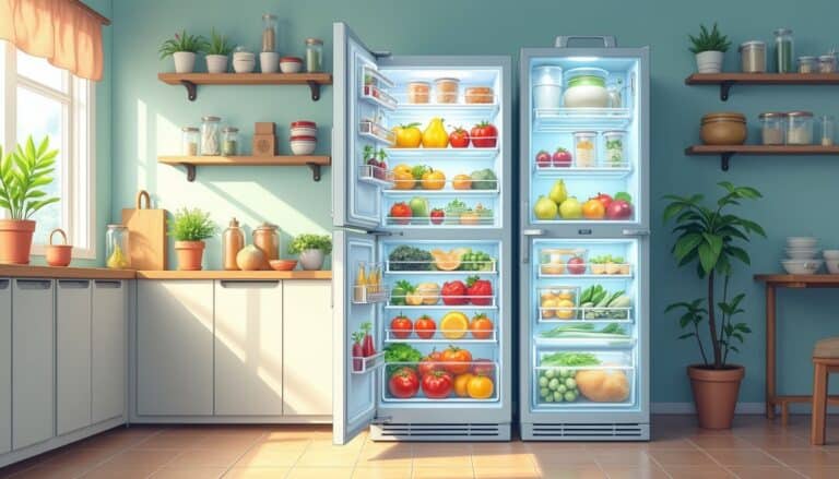 Refrigerator filled with fresh vegetables and fruits, modern kitchen, organized and bright, healthy eating, colorful produce, home kitchen setting, food storage, fresh ingredients, kitchen decor.