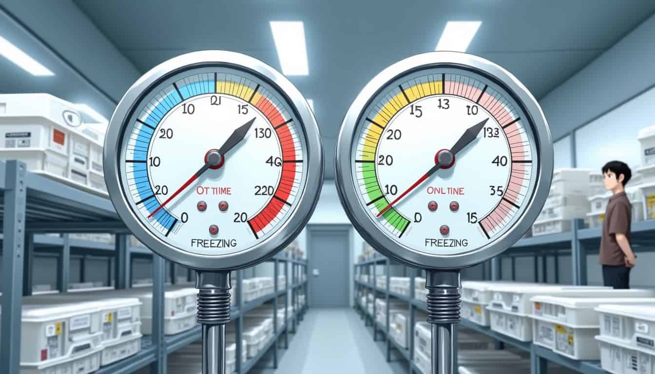 An anime-style illustration depicts temperature gauges and organized storage containers in a clean, industrial setting with a observing character.