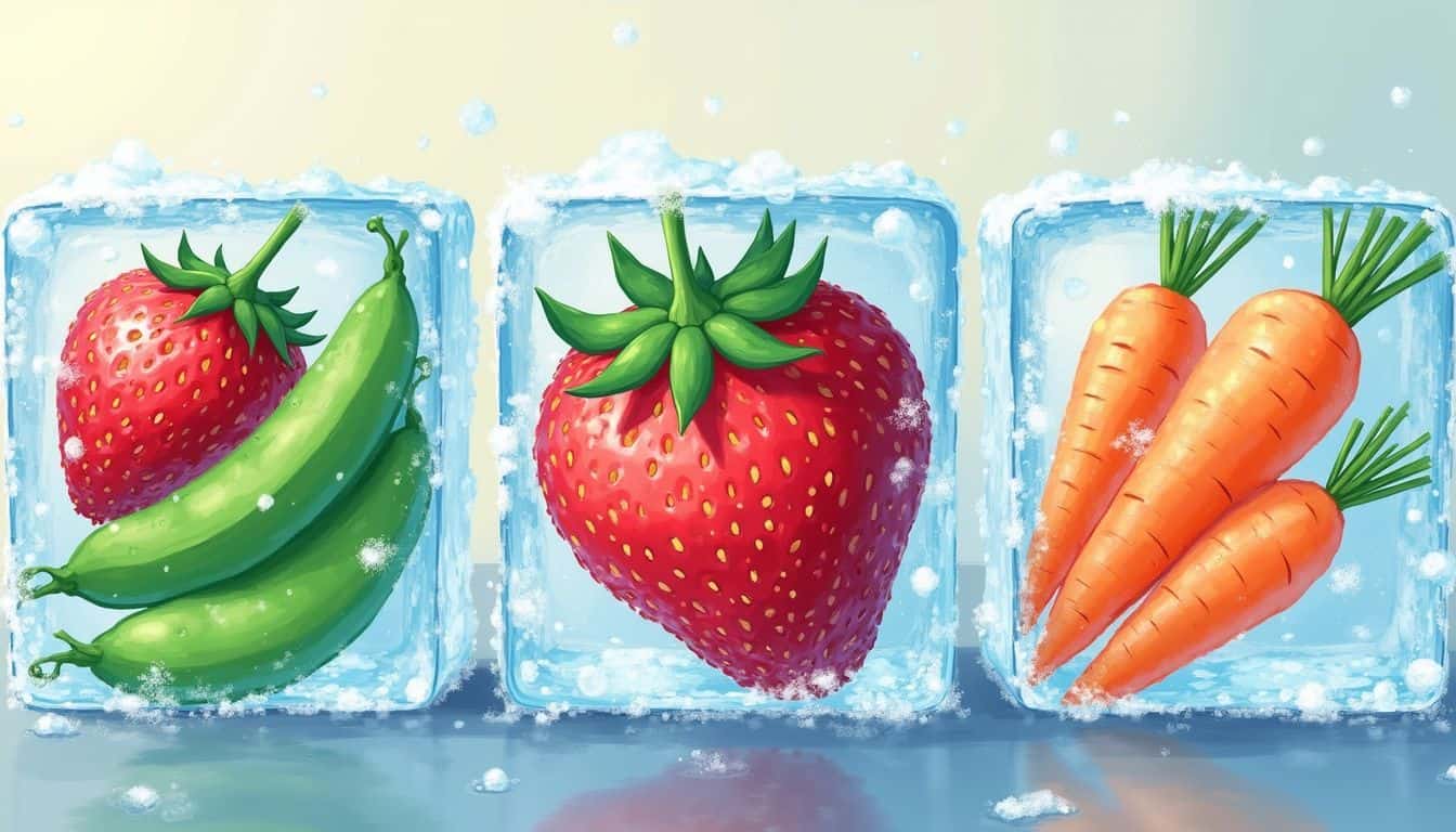 A vibrant close-up of fresh fruits and vegetables encased in translucent ice, showcasing their colorful beauty and frost details.