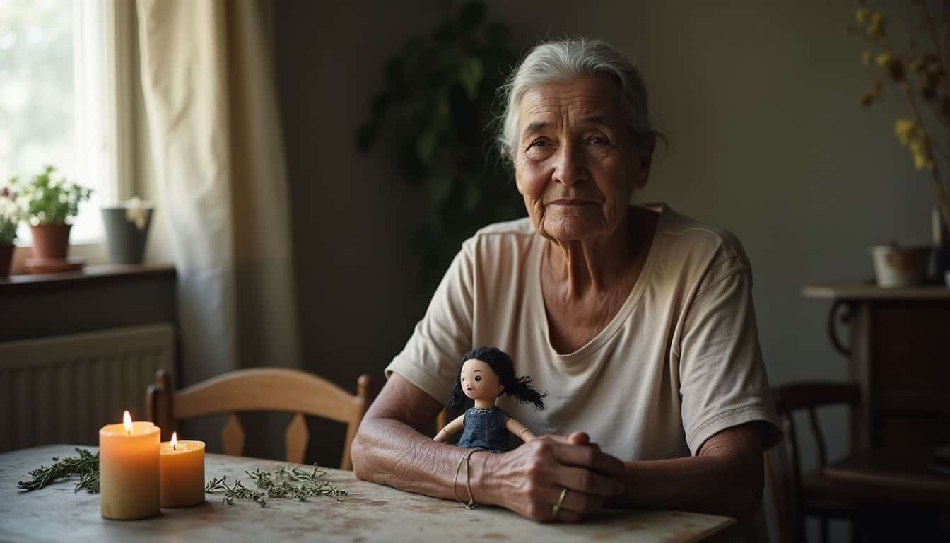 An elderly woman in a cluttered room holds a small handmade doll, surrounded by candles and herbs.