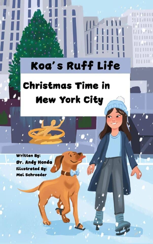 Why 'Koa's Ruff Life: Christmas Time in New York City' Is the Holiday Book Breaking the Internet (and Maybe Your Heart) 2 Cute girl and dog ice skating in New York City winter scene with Christmas tree and snow, featured in "Koa's Ruff Life: Christmas Time in New York City" on Tidbits of Experience.