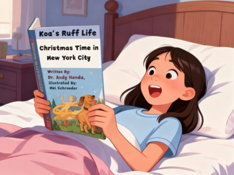 Koa's Ruff Life Christmas Time in New York City children’s book reading illustration.