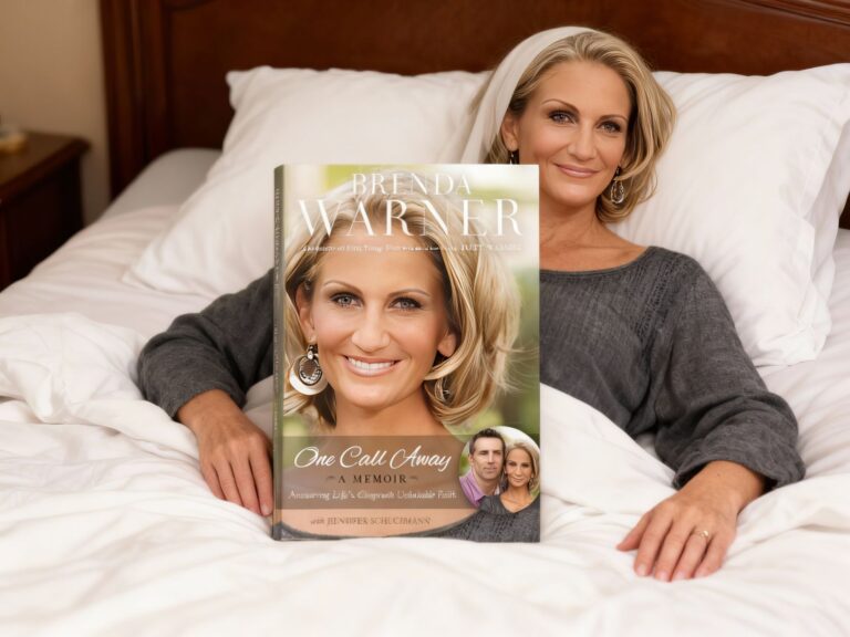A woman lying in bed holds a memoir titled "One Call Away" by Brenda Warner, showcasing a heartfelt personal story about life's unexpected turns, resilience, and inspiring life lessons.