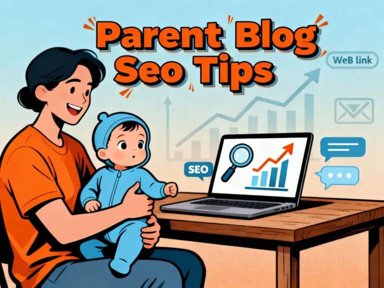 Parent blog SEO tips illustration with parent and child using laptop, featuring SEO growth charts, digital icons, and colorful text for travel blog optimization.