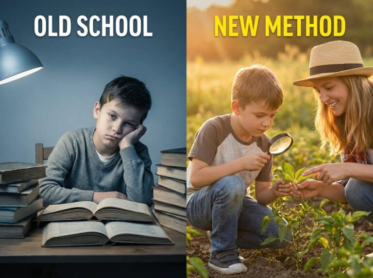 Boy looking bored with books, change in learning methods, education evolution, traditional vs modern teaching, engaging children in learning.