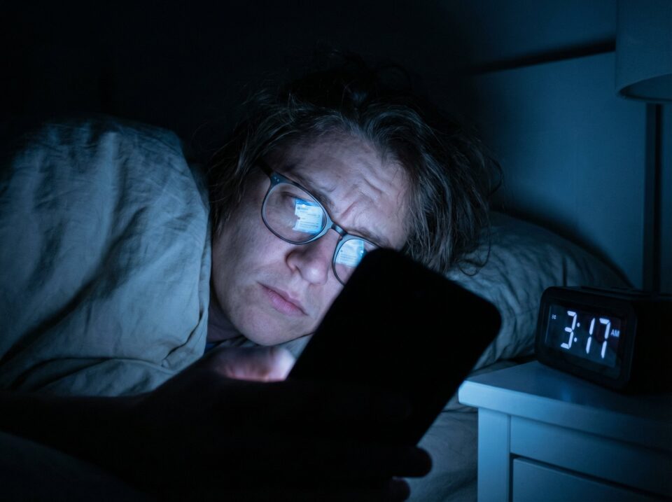 A person with glasses lying in bed at 3:17 AM, illuminated by smartphone screen, experiencing insomnia and disturbance from excessive screen time.