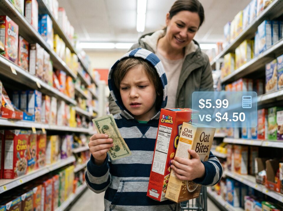 A woman with a young boy shopping for cereal in a grocery store aisle, the boy is examining his cash while the woman is smiling. An overlay shows the cereal's price comparison: $5.99 vs $4.50.