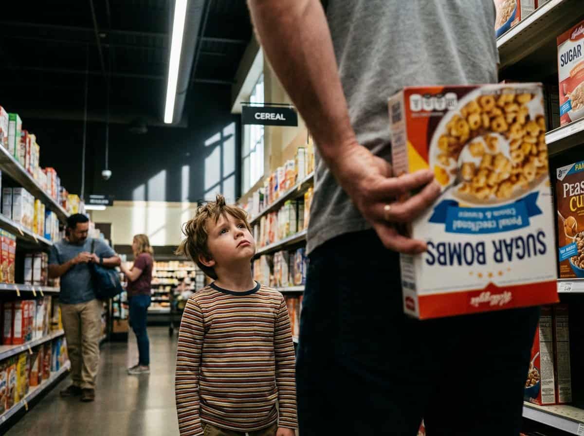 Child staring at cereal aisle in grocery store, with adult holding a cereal box in the foreground, surrounded by shelves filled with breakfast cereals, capturing a moment of curiosity and shopping experience.