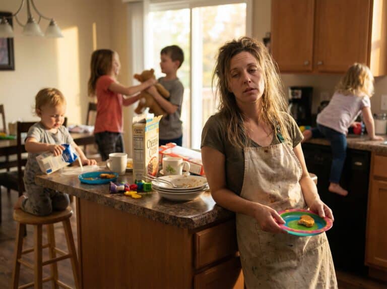 Overwhelmed mother with children engaging in messy activities, capturing the struggles of parenting, daily chaos, family life, and the importance of patience in busy kitchens.