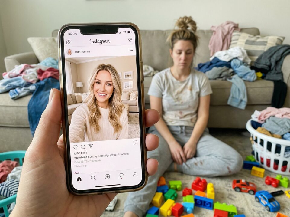 A woman showing a joyful Instagram photo of herself smiling, while her exhausted mom sits on the messy living room floor surrounded by laundry and toys, highlighting the contrast of Instagram perfection and real mom life.