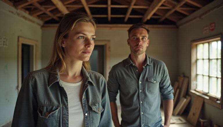 Unfinished home renovation with a couple inspecting a room under construction, showcasing interior remodeling, drywall, and DIY building projects.