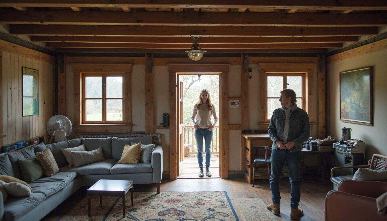 Cozy cabin living room with wooden accents and large windows, couple talking near the front door, rustic decor, comfortable seating area, natural light, relaxing retreat experience, Tidbits of Experience.