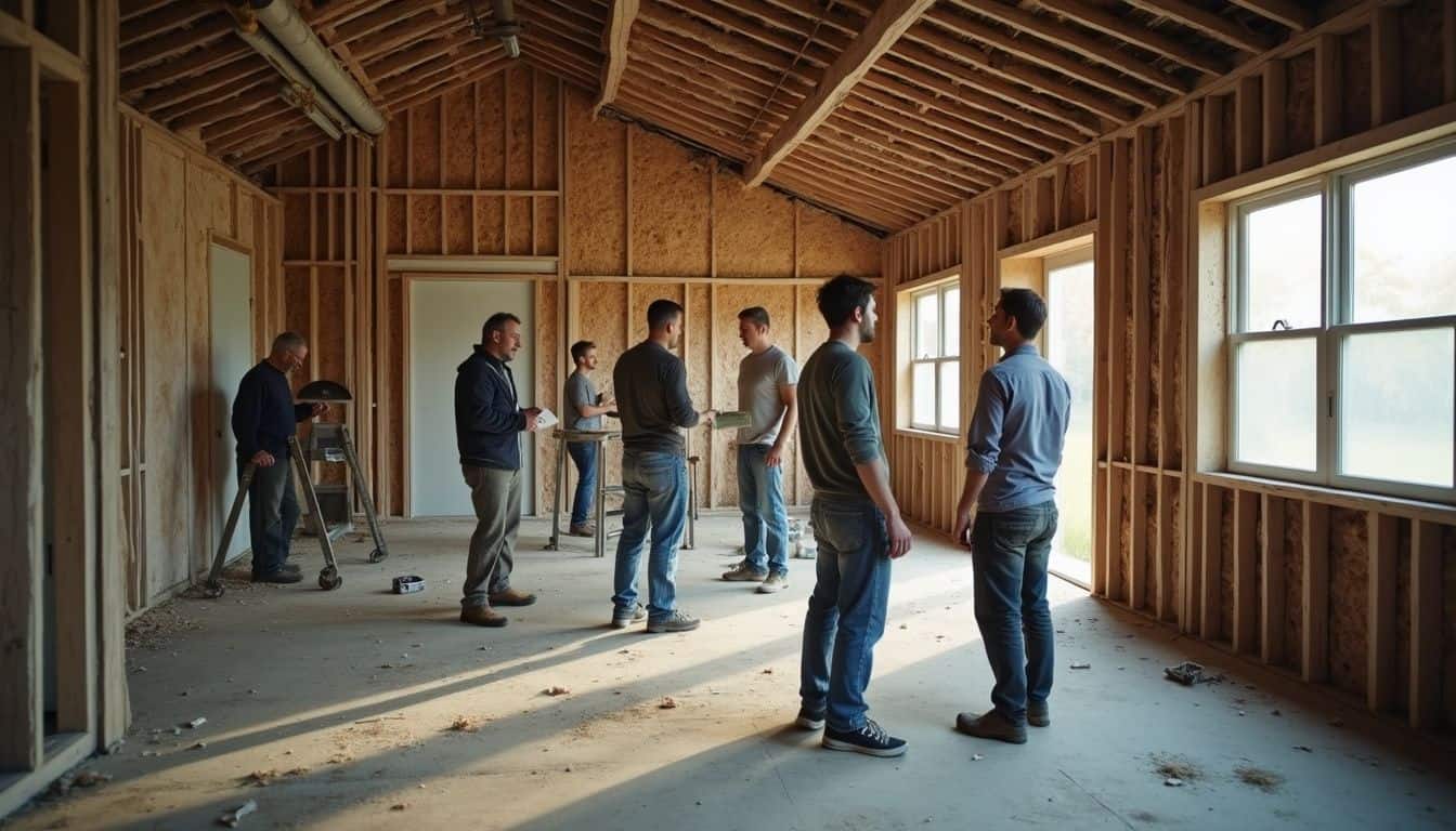 Constructing a new home interior with a group of people inspecting during the framing stage, showcasing collaborative planning and development of a residential construction project.