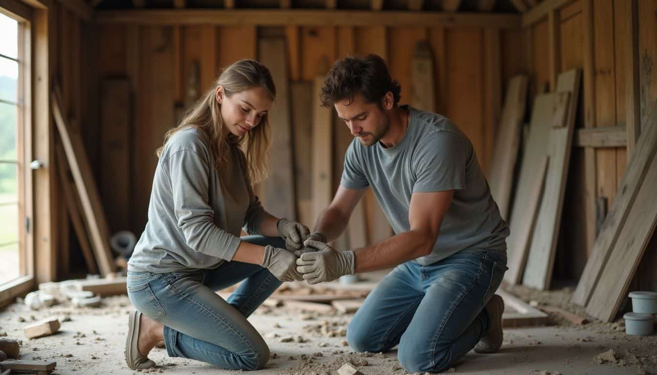 Kneeling couple working on a woodworking project inside a garage or workshop, surrounded by wooden planks and tools.