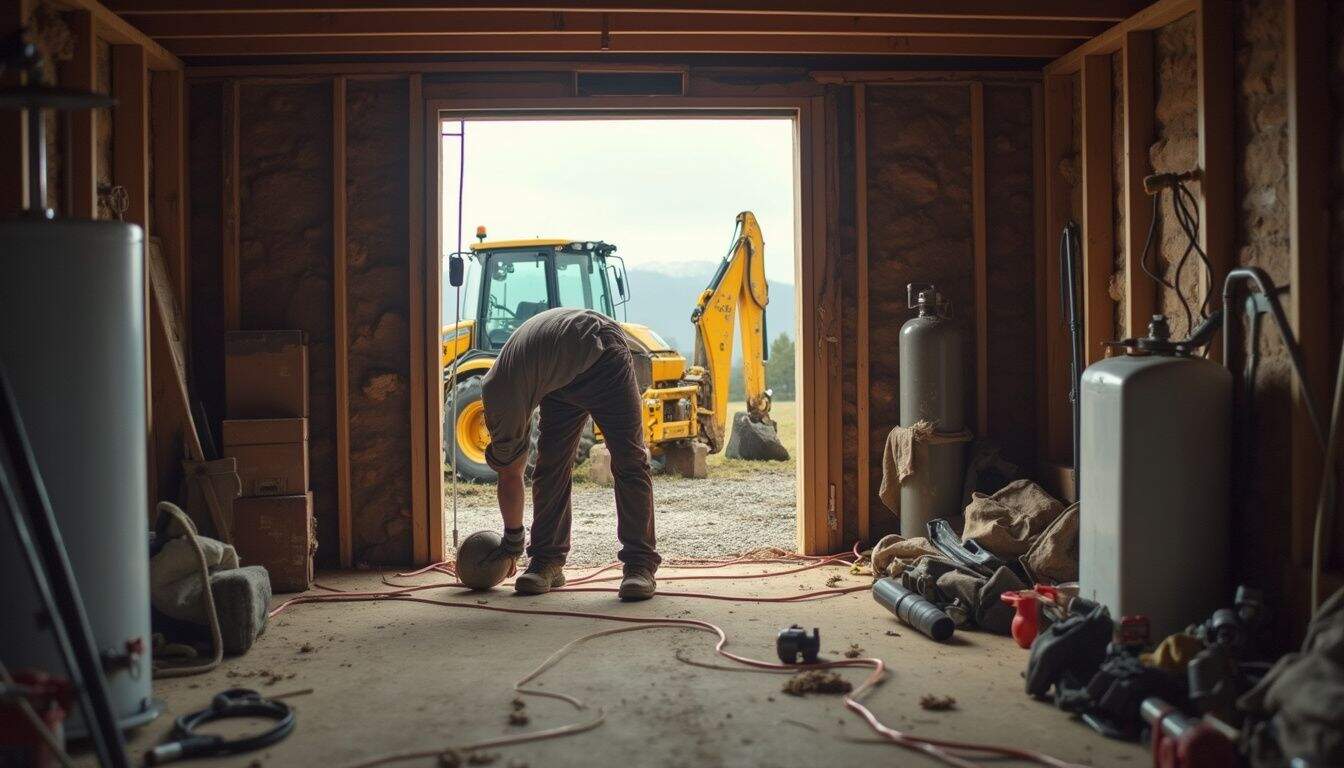 Backhoe loader working on construction site, view from inside garage with tools and equipment, rural outdoor scene with mountains.