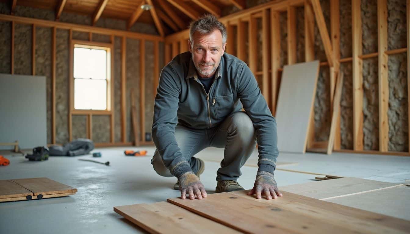 Boardwalk construction, handyman installing wooden flooring in unfinished home, interior renovation, woodworking project, homeowner working on house remodel.