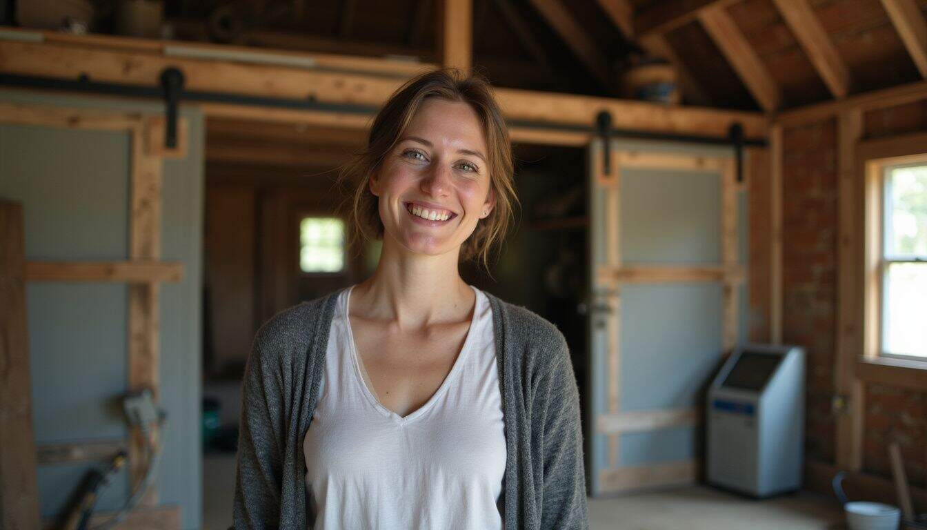 Smiling woman in a cozy, rustic wooden room with exposed brick walls, natural light streaming through windows, and woodwork construction in the background, representing home renovation or DIY projects.