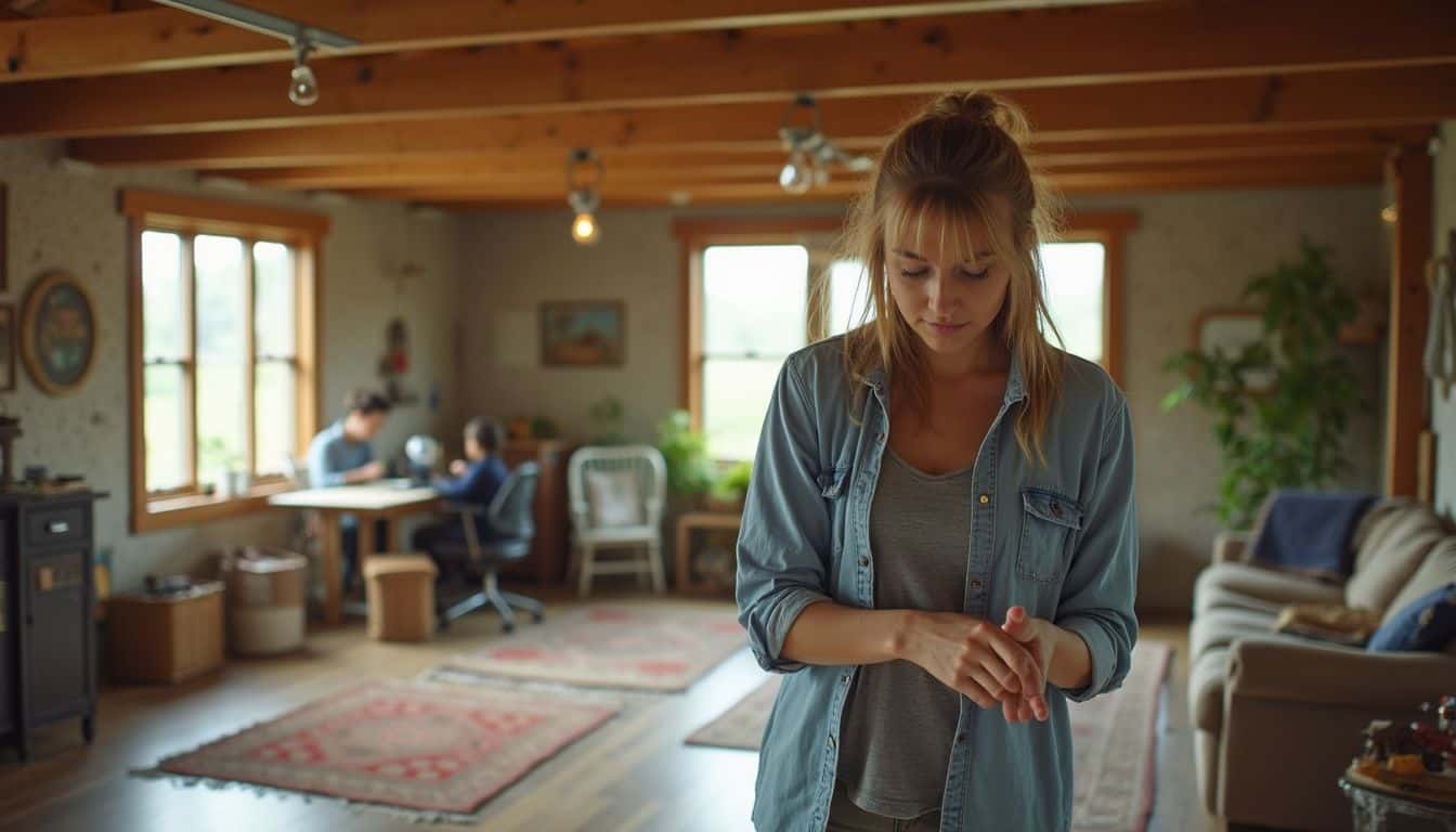Cozy home interior with family in rustic living room, natural light, wooden beams, and comfortable furniture, showcasing warm family moments and relaxed atmosphere.