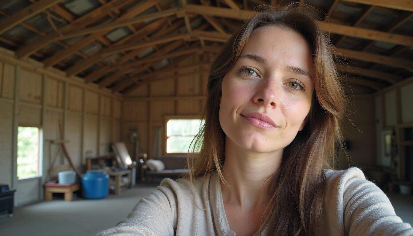 Beautiful young woman taking a selfie inside a rustic wooden barn, showcasing rural lifestyle and leisure photography for travel and experience blogs.