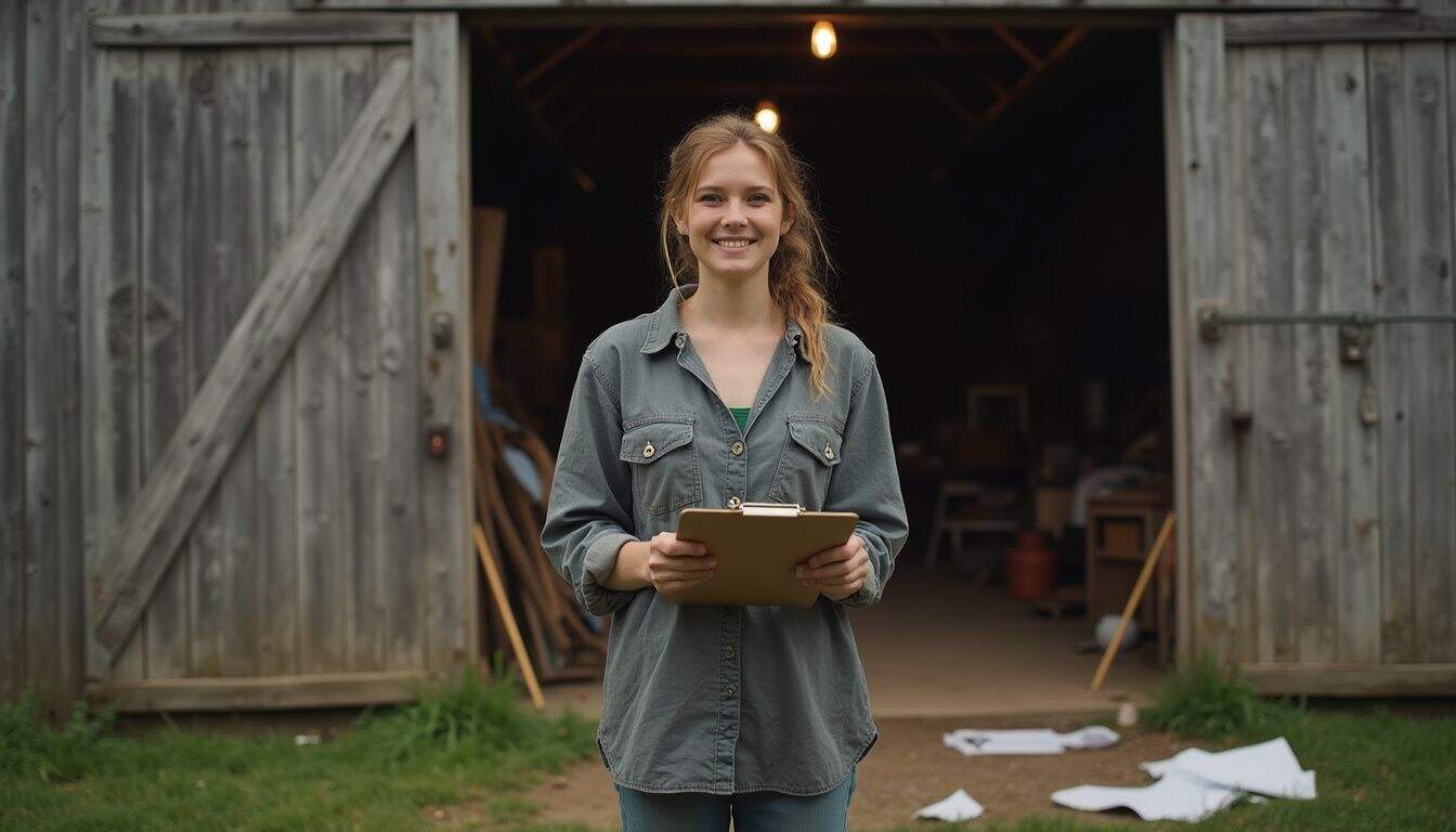 Clara in workshop holding clipboard outdoors smiling in barn setting.