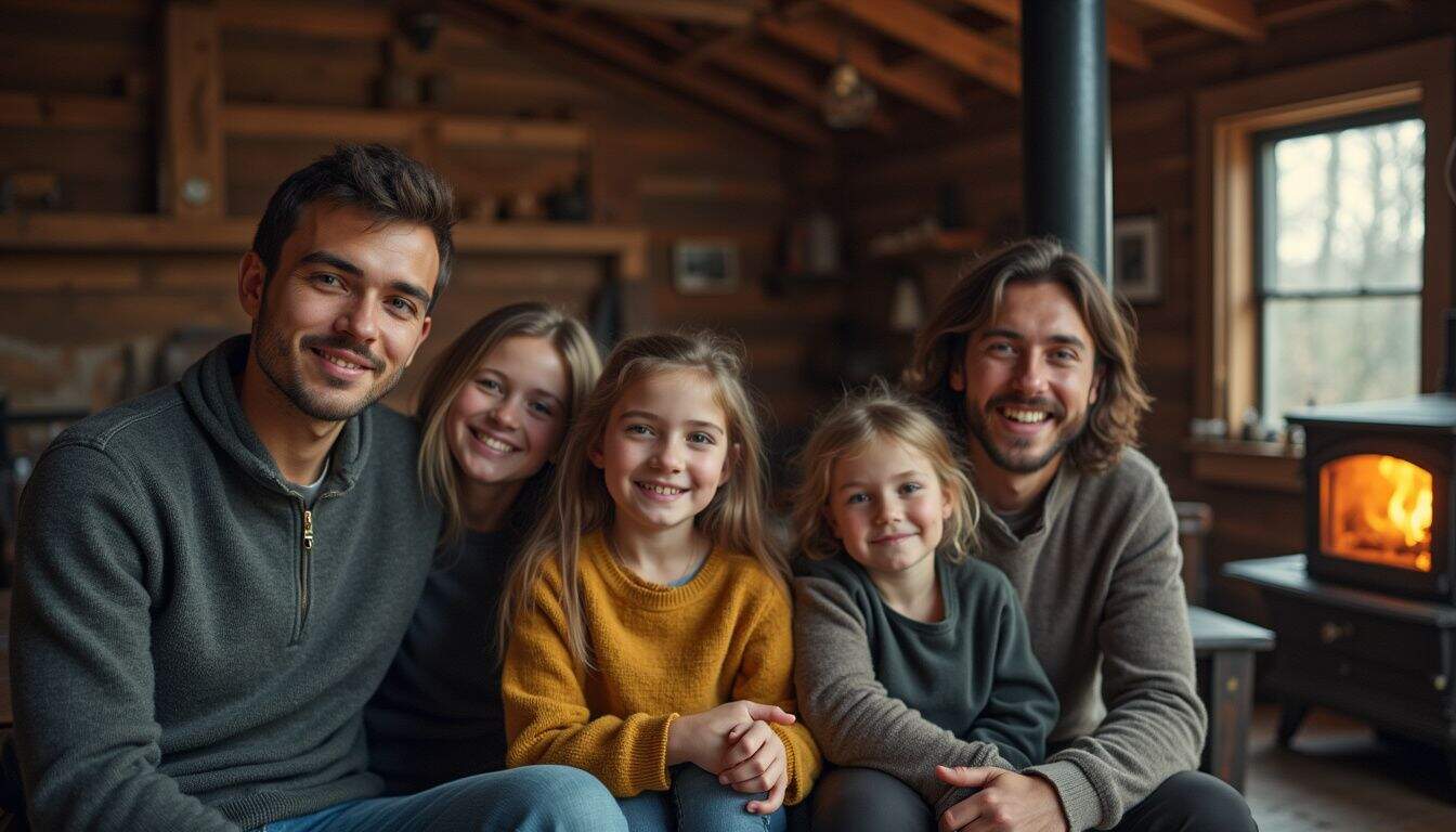 Cozy family enjoying quality time together inside a rustic cabin living room with a warm wood interior and a roaring fireplace, capturing memorable moments of family bonding and experience.