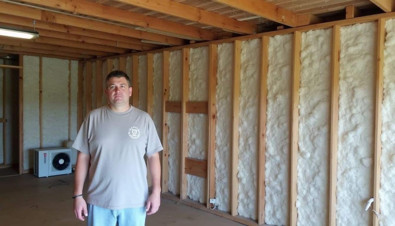 Insulation installation in a home construction site, with a construction worker standing inside framed wall structures with spray foam insulation.
