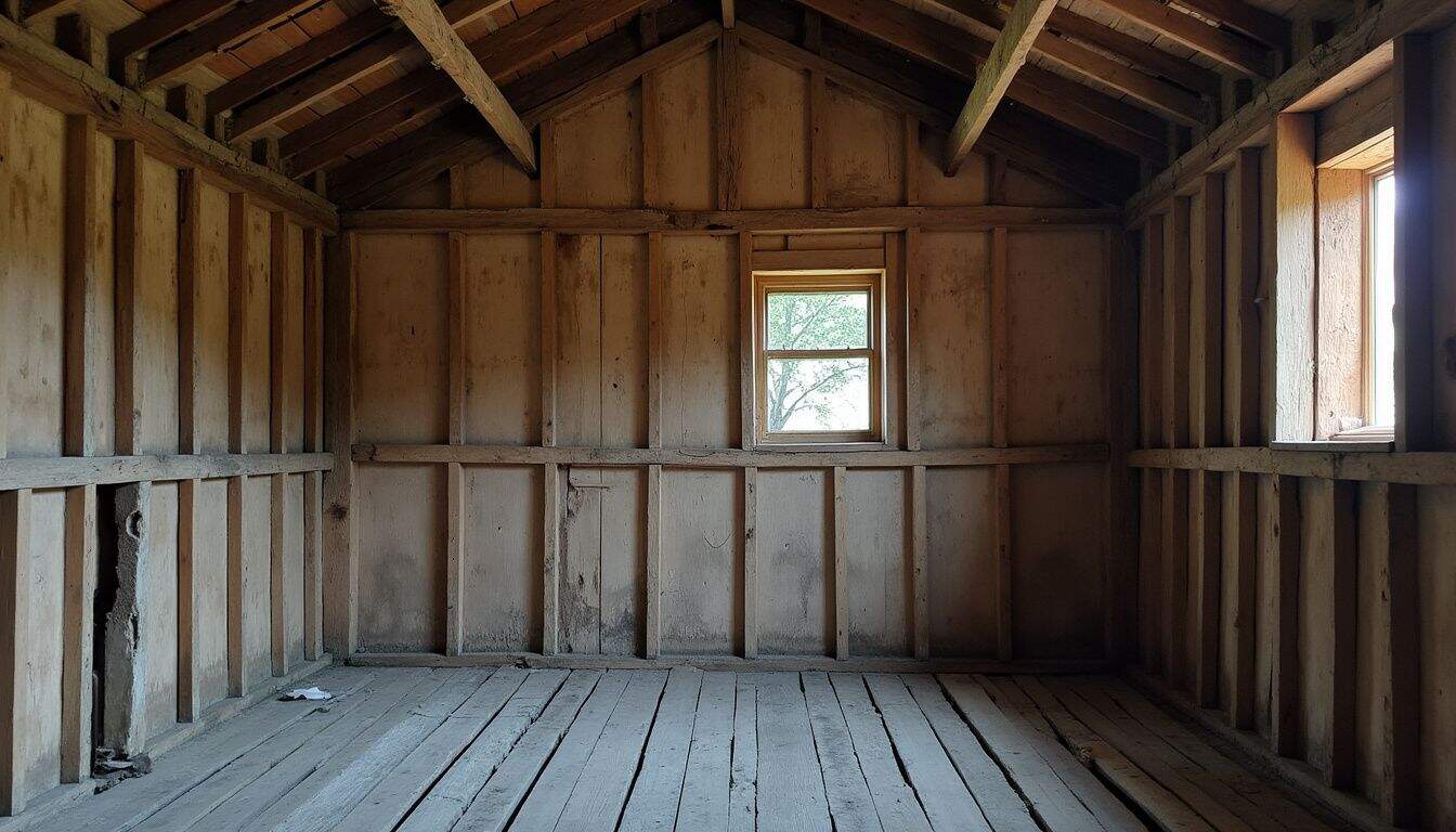 Weathered wooden interior of a rustic shed, unfinished with exposed framing, small window, and natural light, perfect for rustic home or shed renovation ideas.